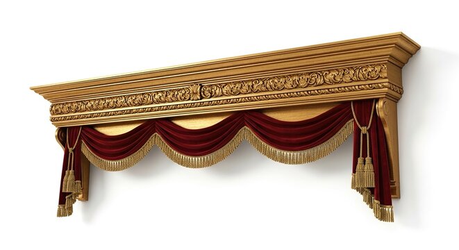 Elegant Wooden Cornice with Burgundy Drapery Swags.
