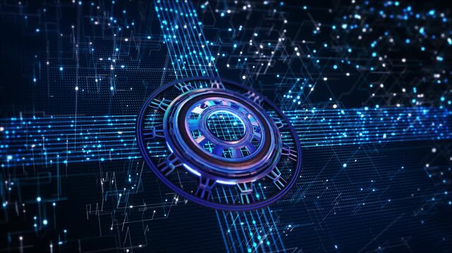 Advanced glowing circular interface displays futuristic computing core digital circuits, quantum technology, AI processing, authentication, cyber security, network infrastructure intelligent systems.