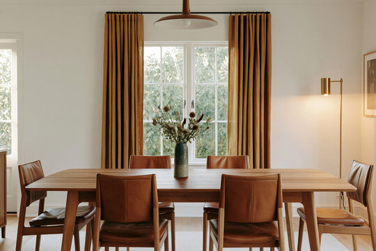 Mid-Century Modern dining room featuring a honey oak table, cognac leather chairs, and mustard linen curtains with warm afternoon light