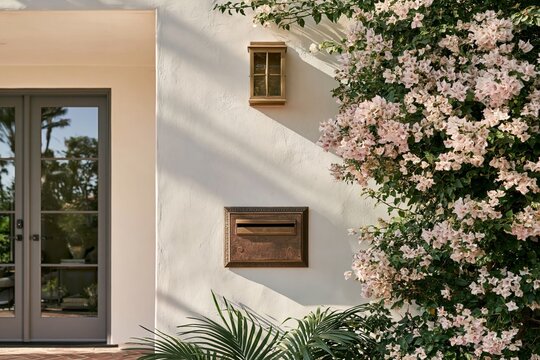 Vintage brass mailbox mounted on a cream stucco wall beside blooming bougainvillea at a Spanish Revival family home in soft morning light