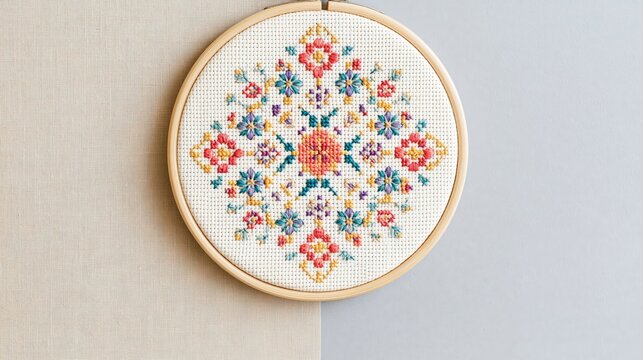 Symmetrical floral cross stitch pattern in coral, teal, purple, and yellow thread mounted in a wooden hoop against a neutral background
