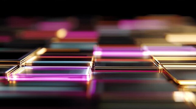 Extreme close up of glass silicon microchip wafer with glowing golden edge lines and colorful reflections during precision semiconductor manufacturing process (AI Generated)