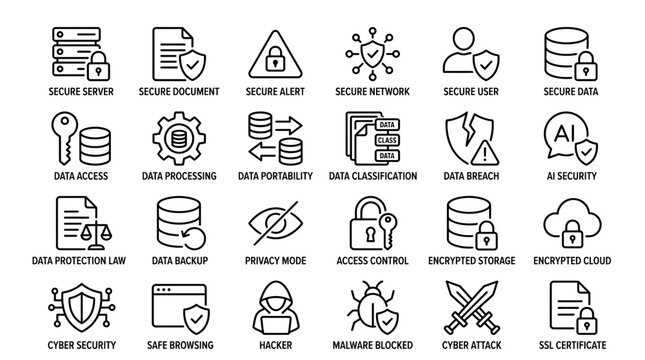Cybersecurity Icons Vector Set Secure Server Data Encryption Protection Privacy Access Control Malware Blocker SSL Certificate Digital Safety Illustration