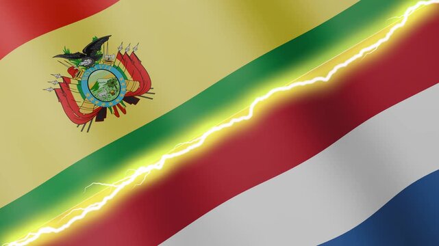 Two waving flags Bolivia and Netherlands with diagonal lightning seamless, 4k loop