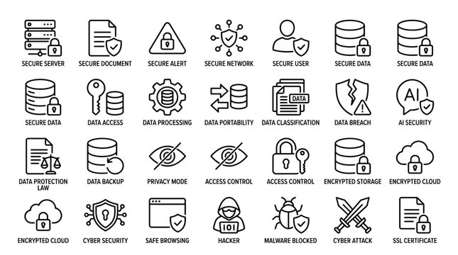 Cybersecurity Icons Vector Set Secure Server Data Encryption Protection Privacy Access Control Malware Blocker SSL Certificate Digital Safety Illustration