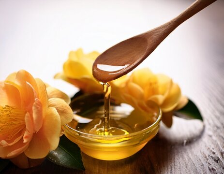 still life photo of golden camellia oil pouring from wooden spoon