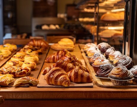 assorted french pastries and tarts on a wooden cafe counter