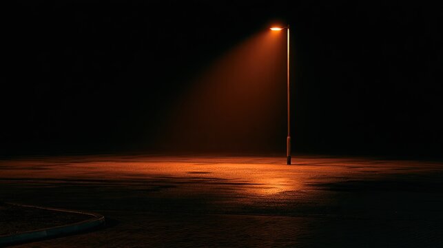 Single street lamp illuminates a dark, wet, empty space with orange glow