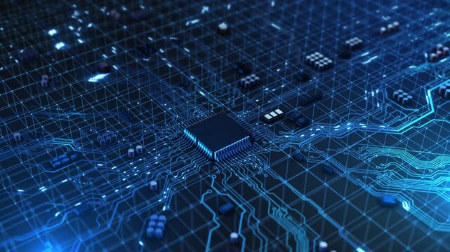 Futuristic silicon processor through circuits digital network lines, representing AI acceleration, inference, advanced computing, semiconductor fabrication, distributed processing intelligent hardware