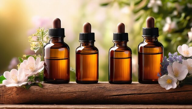 amber glass bottles with essential oils resting on rustic wood with soft floral accents