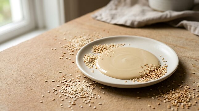 Creamy tahini paste on a plate with scattered sesame seeds for healthy cooking.