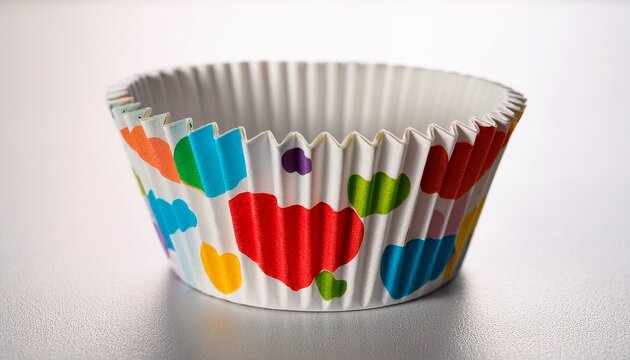 a white paper cupcake liner with colorful hearts and flowers