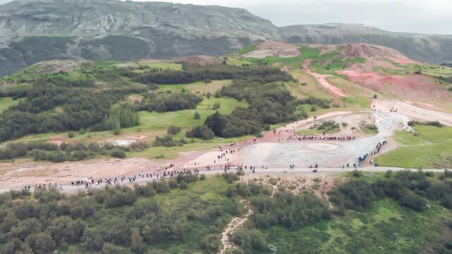 Aerial view of Geysir geothermal area on a cloudy day in
