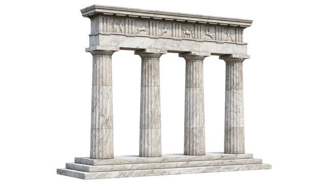 Ancient Greek marble colonnade, classic Roman stone pillars with ornate frieze, antique architectural ruins for historical design isolated PNG with Transparent Background