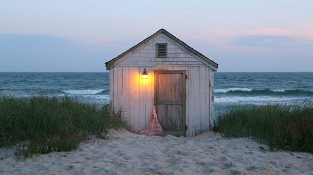 Small weathered beach shed illuminated by a lone light at dusk