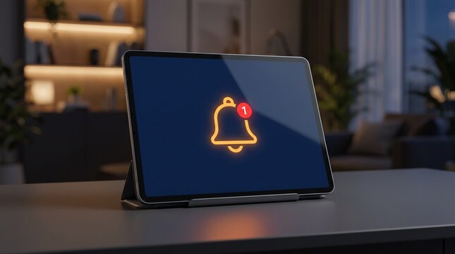Modern tablet displaying glowing notification bell icon in cozy living room interior.