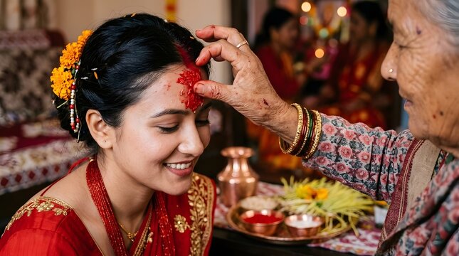 Elderly South Asian woman applying traditional red rice tika on a young woman's forehead during a festival blessing