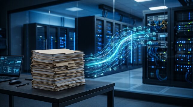 Digitization Concept with Paper Files Converting to Cloud Storage in Modern Data Center Room