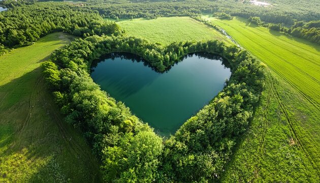 aerial view of a heart shaped pond surrounded by lush greenery and trees