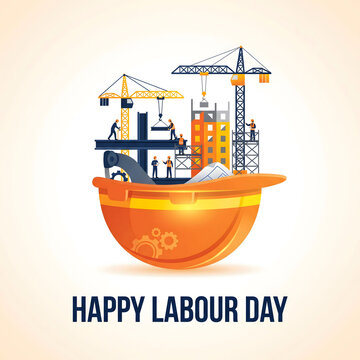 Elegant Happy Labour Day badge with hard hat wrench and gear vector