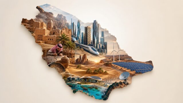 A Stunning Artistic Representation of Saudi Arabia Blending Traditional Culture with Modern Architecture and Technological Innovation