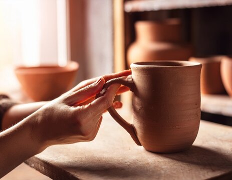 pottery mug hand touching handmade ceramic cup in workshop studio