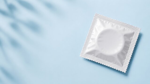 A Close-Up Image of a Single Sealed Condoms Packaging on a Soft Blue Background, Highlighting Safe Practices and Personal Health