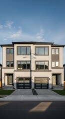 Fototapeta premium Modern Townhouse Exterior With Double Garage And Contemporary Design Elements