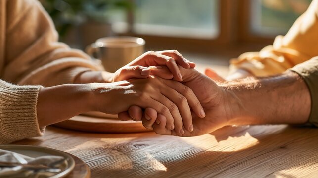 National Suicide Prevention Week: diverse group of hands stacked together in a circle of unity, overhead shot, bright natural daylight