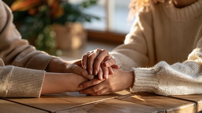 National Suicide Prevention Week: diverse group of hands stacked together in a circle of unity, overhead shot, bright natural daylight