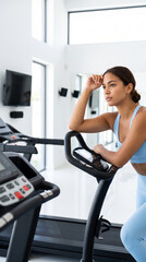 Fototapeta premium Tired young athletic woman taking break resting on stationary exercise bike in modern bright gym