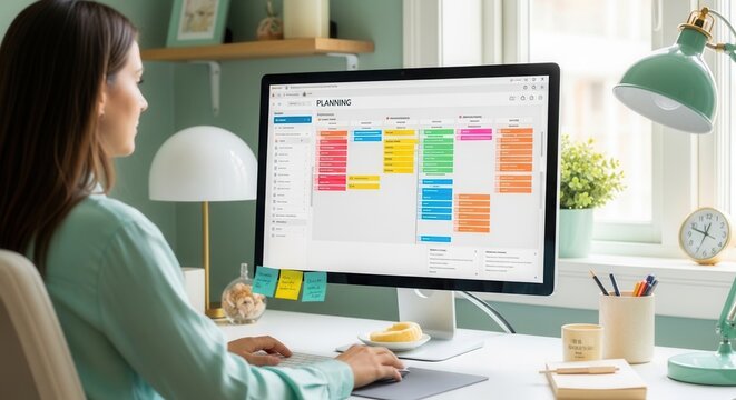 Organized Workstation With Digital Planning Software And Focused Woman