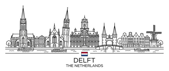 Fototapeta premium Delft Skyline Netherlands Line Art Cityscape