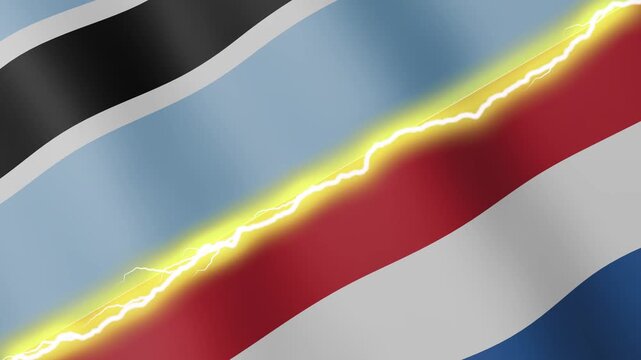 Two waving flags Botswana and Netherlands with diagonal lightning seamless, 4k loop