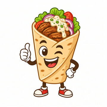 Cute cartoon shawarma character showing thumbs up vector illustration, funny doner kebab mascot for street food logo design