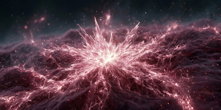 Extreme high-resolution cinematic shot of a glowing pink energy explosion within a cosmic nebula, featuring crystalline shards and shimmering stardust.