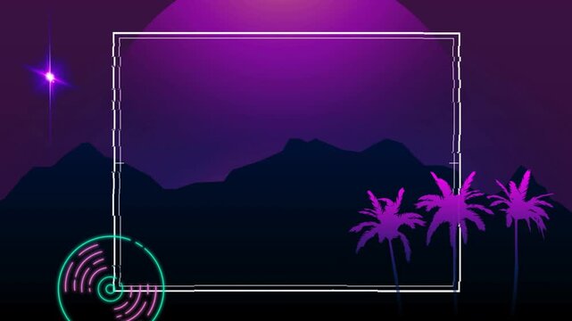 Synthwave neon frame purple sunset mountains palm trees glitch stream overlay background animation loop template design