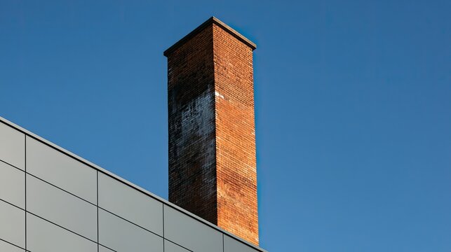 Tall brick chimney on a modern building against a clear blue sky