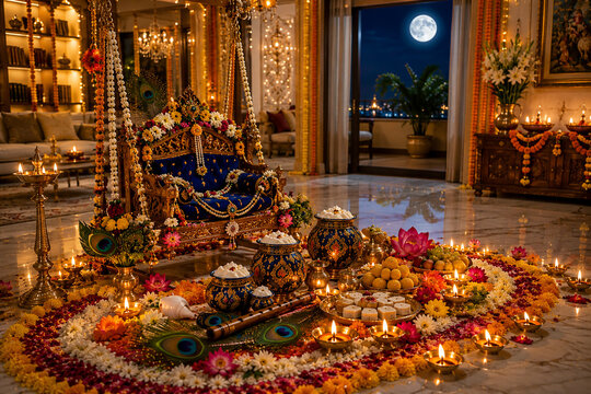 Midnight Janmashtami Celebration at a Luxury Home &ndash; Elegant Krishna Jhula, Diyas and Traditional Festive D&eacute;cor