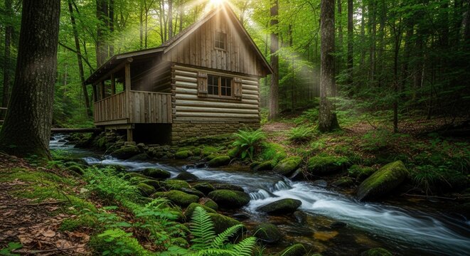 Serene Log Cabin Retreat Nestled Within a Lush Verdant Forest Beside a Babbling Brook