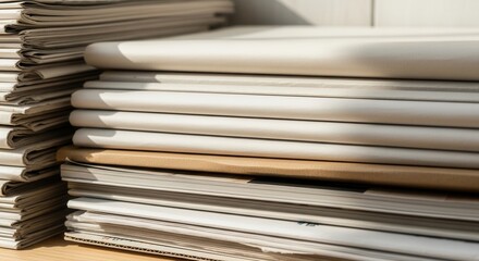 Fototapeta premium Stacks Of Paper Documents And Magazines On Table With Natural Light