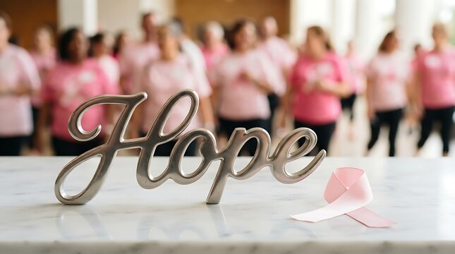 Metal hope sign with group of people wearing pink clothes for breast cancer