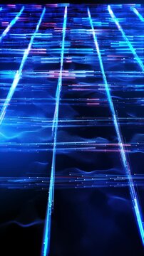 Glowing blue and pink data lines a high-speed fiber optic network grid, ideal for broadband internet, telecommunications, data transmission, network infrastructure digital communication videos.