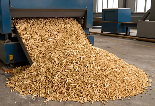 Biomass energy production and renewable fuel manufacturing, wood pellets spilling from industrial machinery in a factory