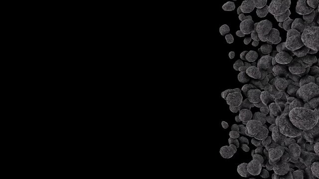 Dense clusters of dark textured stones drift and tumble across a black background, a versatile cinematic debris effect for impact scenes, space visuals, transitions and abstract particle compositions.