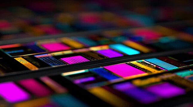 Extreme close up of silicon microchip wafer with vibrant neon screen pixel pattern during precision semiconductor manufacturing process (AI Generated)