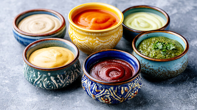Various colorful dips and sauces in small ceramic bowls on a textured stone background