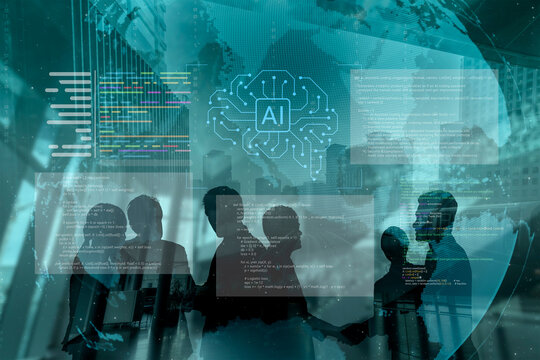 Diverse professionals engage in a discussion while surrounded by digital elements representing artificial intelligence and coding, symbolizing innovation and collaboration in technology. Cyphers