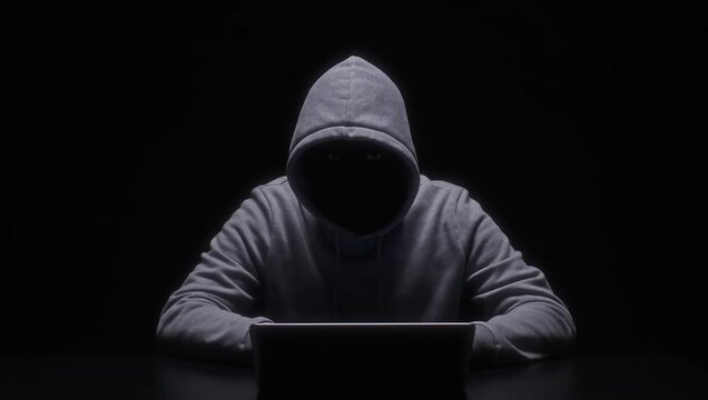 暗い部屋でノートパソコンを操作するフードを被った匿名のハッカー