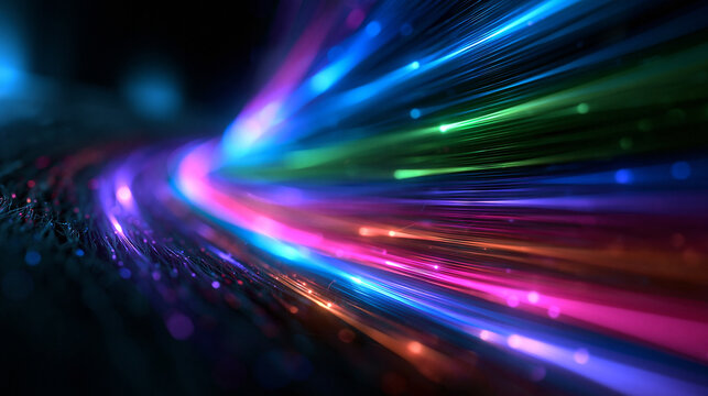 Fiber Optic Cables Emitting Colorful Glowing Data Light Trails
